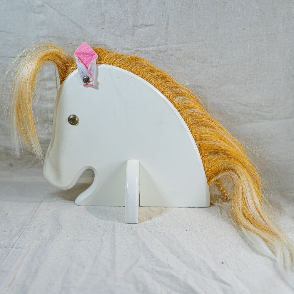 Toy Horse Head With Hair Wood White Low-Tech Handmade Braiding Toy